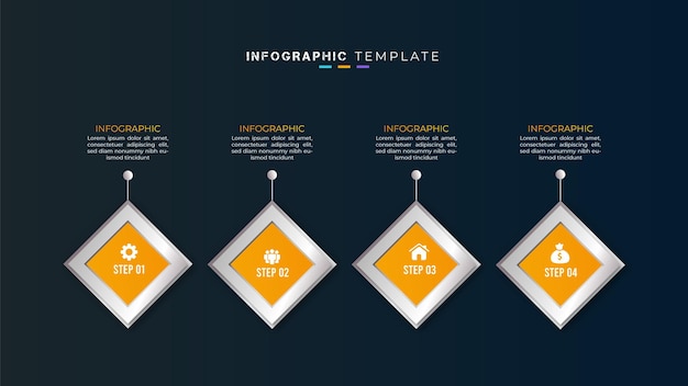 暗い背景に 4 つのステップ タイムライン ビジネス インフォ グラフィック要素と創造的なプレゼンテーション デザイン