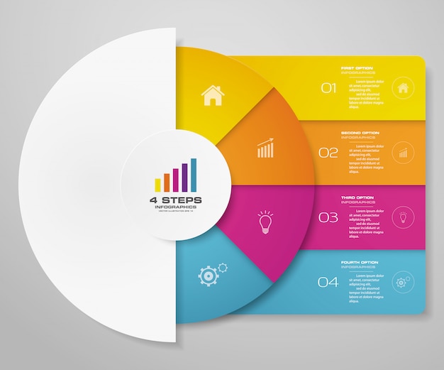 Elementi di infographics del grafico a ciclo di 4 passaggi per la presentazione dei dati.