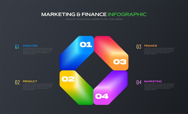 4 steps infographic banner colorful shapes on dark background