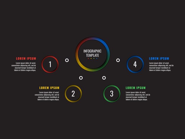 Modello di infografica a 4 passaggi con elementi rotondi tagliati su carta su processo aziendale su sfondo nero