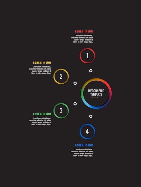 Modello di infografica a 4 passaggi con elementi rotondi tagliati su carta su processo aziendale su sfondo nero