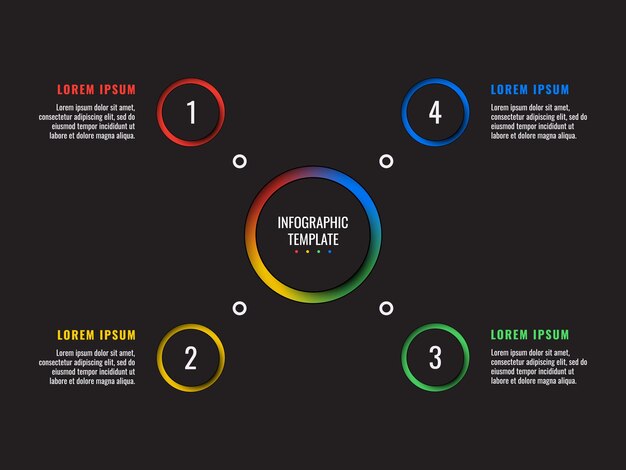 4 steps infographic template with round paper cut elements on black background business process