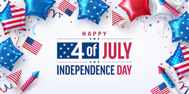7월 4일 포스터. 아메리칸 스타 풍선과 함께 미국 독립 기념일 축하. 브로셔, 포스터 또는 Banner.usa 파티 장식을 위한 7월 4일 프로모션 광고 배너 템플릿입니다.