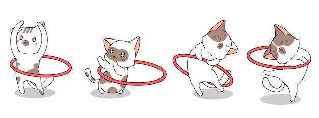 4 verschillende kawaii kattenfiguren oefenen met hoepelbanner