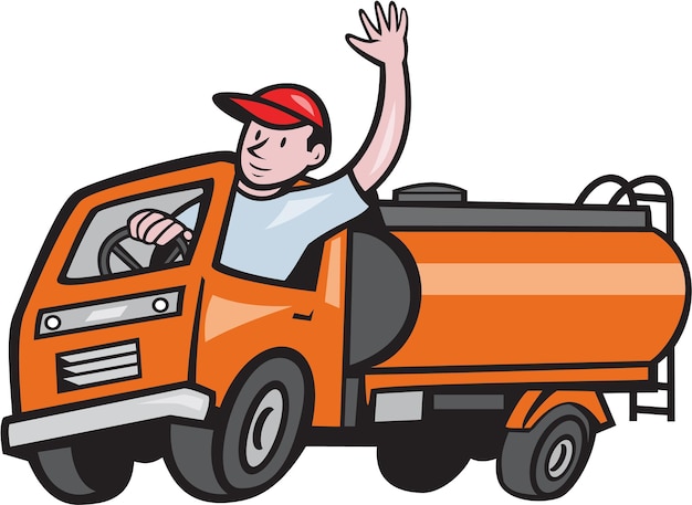 Vector 4 wheeler tanker truck driver waving cartoon