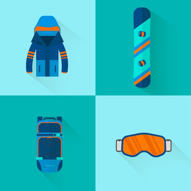 4 Wintersport iconen collectie. Uitrusting voor skiën en snowboarden in vlakke stijl. Elementen voor het beeld van een skiresort, bergactiviteiten