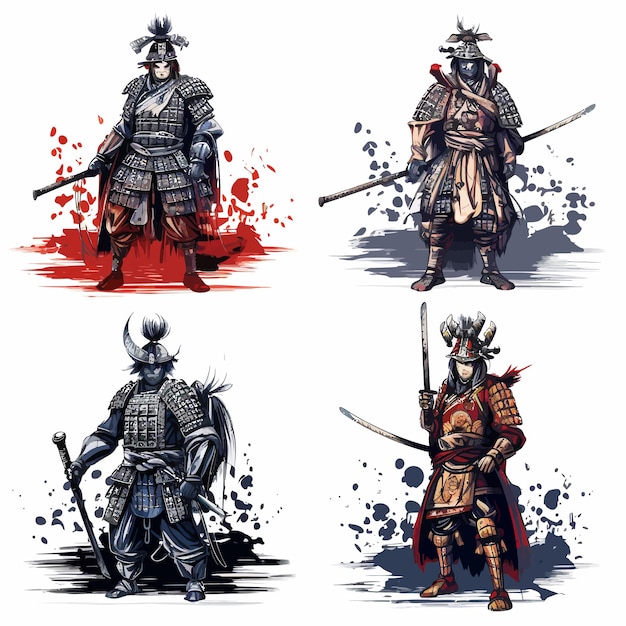 4 woeste samurai krijgers uit het middeleeuwse Japan.