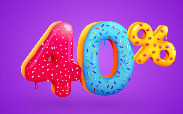 40 procent korting op korting dessert samenstelling 3d mega verkoop symbool met vliegende zoete donut nummers