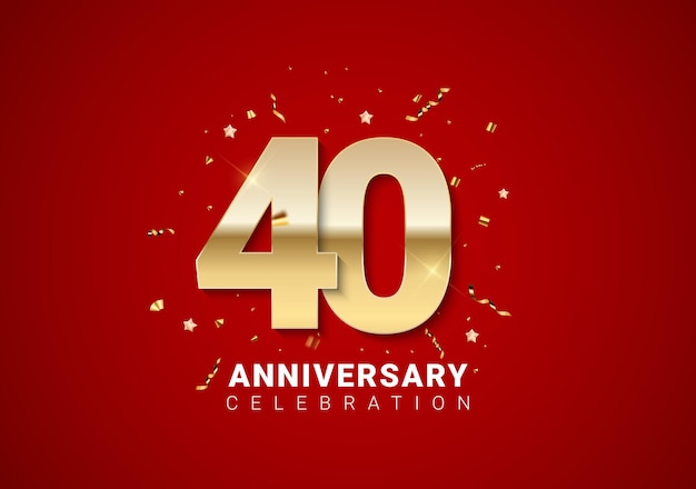 40 verjaardag achtergrond met gouden cijfers, confetti, sterren op heldere rode vakantie achtergrond. vectorillustratie