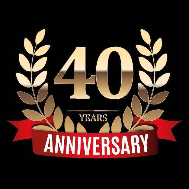 Vector 40 years anniversary golden template with red ribbon and laurel wreath