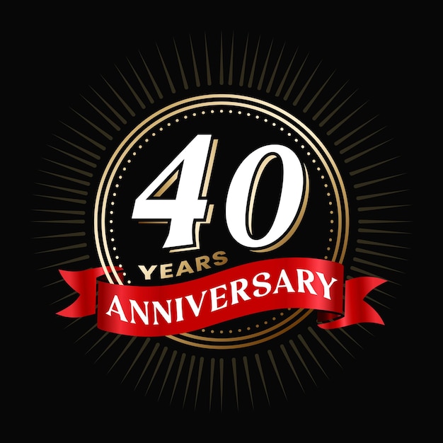 40 years anniversary logo design with red color ribbon and gold shiny circle celebration elements