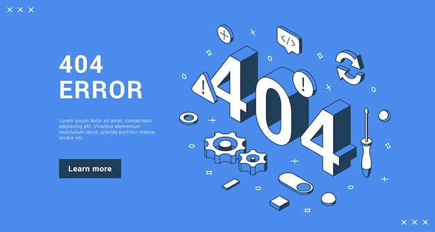 Ошибка 404, соединение не найдено, ошибка загрузки информации интерфейса, интернет-баннер, целевая страница, изометрическая векторная иллюстрация. Ошибка связи с программным обеспечением, предупреждение, дефект, сообщение о проблеме