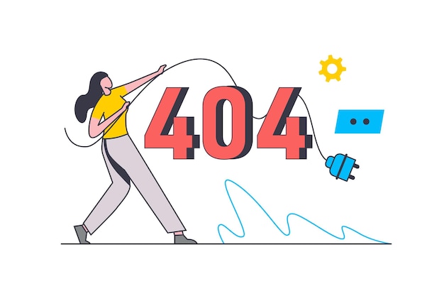 404 error flat line concept Woman holding cable seeing internet problem and disconnect message