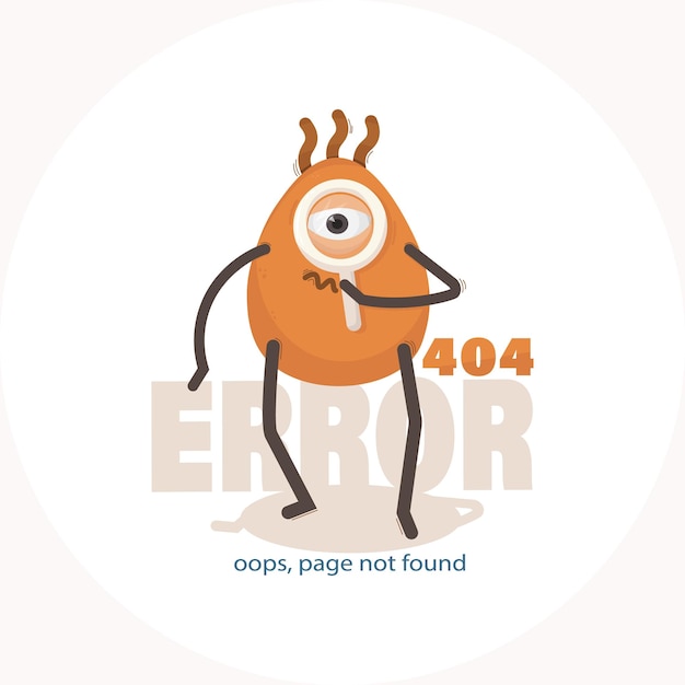 404 error oops page not found Vector illustration of cute cartoon oneeyed character with magnifying glass Website banner Isolated on a white background