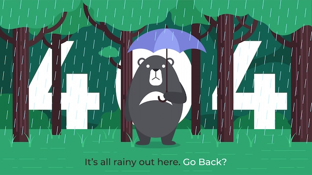 Vector 404 error page - black bear under umbrella in rain