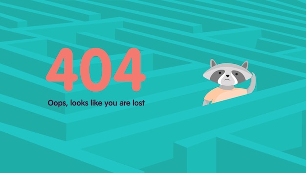 404 error page not found concept Abstract green perspective labyrinth with lost raccoon