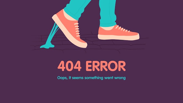 Vector 404 error page not found concept foot stuck into chewing gum on the street