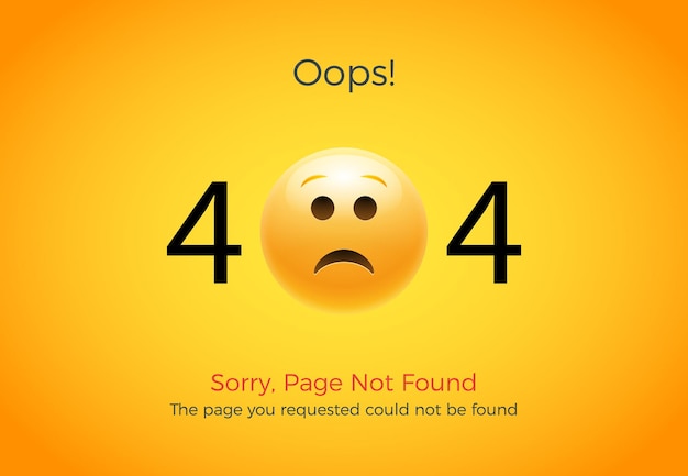 Страница ошибки 404 не найдена. Emoji грустная улыбка. иллюстрация веб-дизайна 404 страницы сайта.