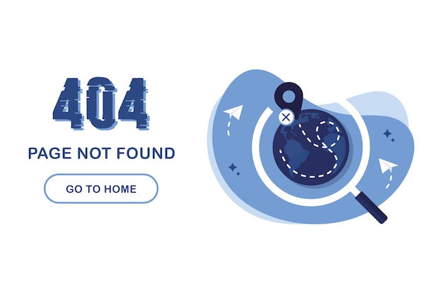 404エラーページが見つかりません。帰宅バナー。システムエラー、ページが壊れています。ウェブサイト用。虫眼鏡の下で地球。地理位置情報タグ。仕方。紙飛行機。問題レポート。青と白。