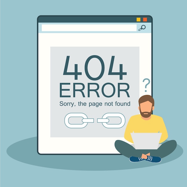 404エラーページが見つかりませんコンセプトウェブサイトに問題があるラップトップを使用している男のイラスト。ウェブページ上に大きなシンボル404の近くに座っていて、ラップトップで作業している男のフラットなデザイン