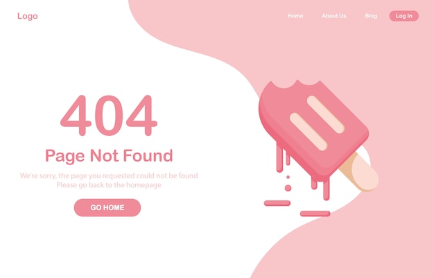 404 страница ошибки не найдена. тает мороженое или замороженный сок, сорбет, десерт. системная ошибка, неработающая страница. для сайта. веб-шаблон. розовый