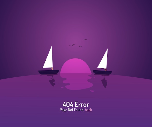 A 404 error page shows the sun sets between two ships formed the number 404