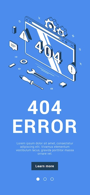 404 errore server errore di sistema computer browser schermo messaggio di avviso banner mobile illustrazione vettoriale isometrica. aggiornamento di manutenzione in costruzione, attenzione al problema della rete del cyberspazio