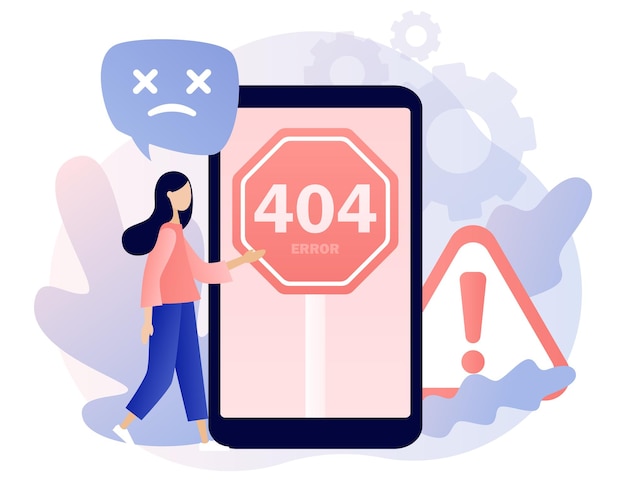 404 segno di errore sullo schermo dello smartphone e piccola donna pagina non trovata installazione degli aggiornamenti di sistema