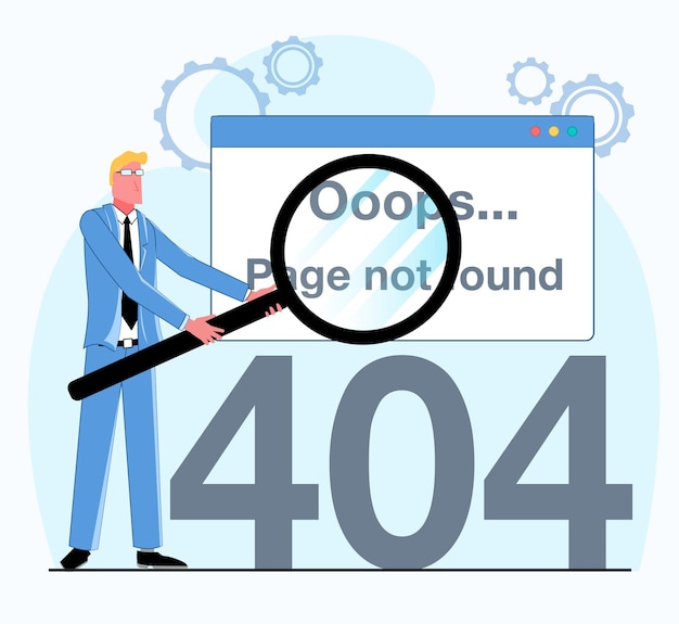 Vector a 404 not found error the businessman is holding a magnifying glass it showed a 404 error