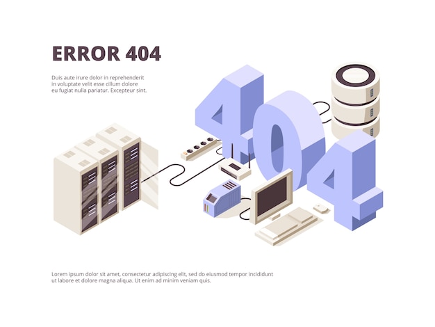 404 페이지. 웹 기술 오류 호스팅 문제 컴퓨터 서버 떨어지는 착륙 레이아웃 아이소 메트릭