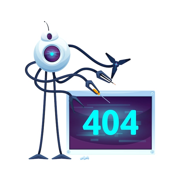 Vector 404 page with cartoon screen and future robot