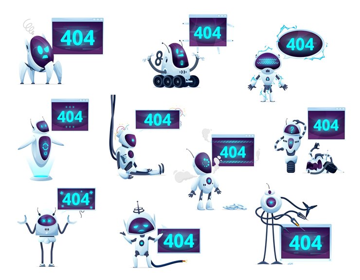 Vector 404 page with cartoon screens robots and droids