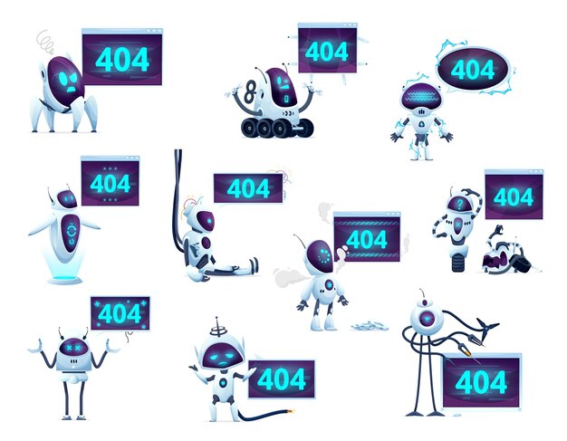 404 pagina met cartoonschermen, robots en droids