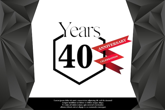 Modello di logo per la celebrazione del 40° anniversario isolato su disegno vettoriale a nastro bianco nero e rosso