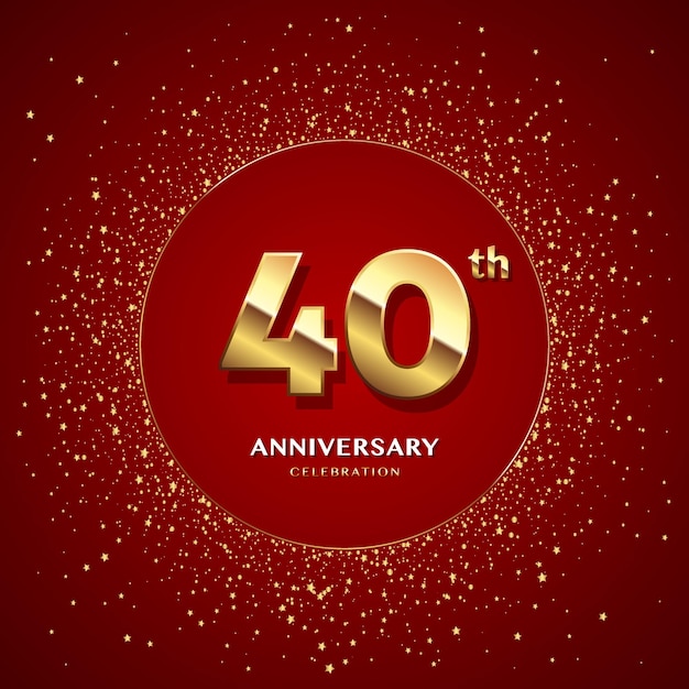 Vettore logo del 40° anniversario con numeri d'oro e glitter isolati su sfondo rosso