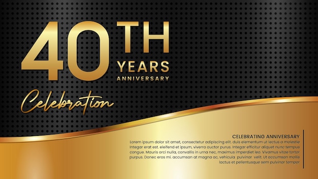 Vector 40th anniversary template design in gold color isolated on a black and gold texture background