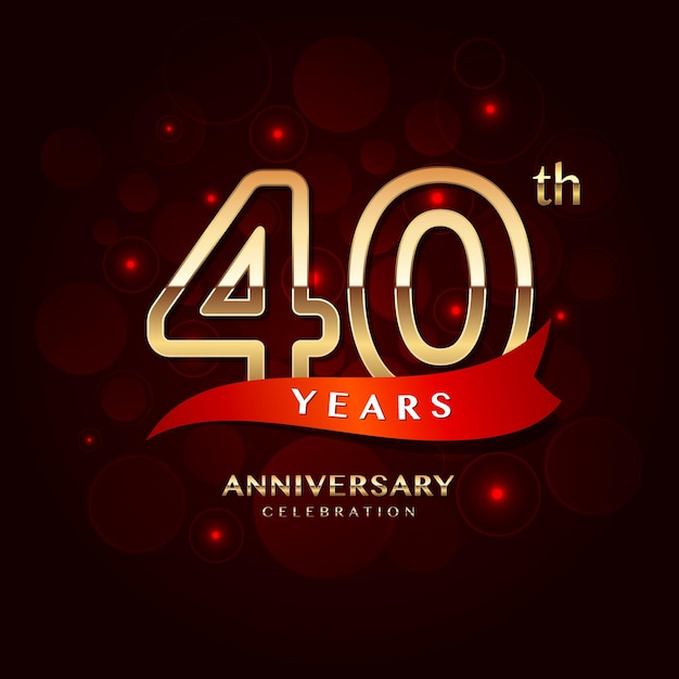 40th year anniversary celebration logo design with a golden number and red ribbon vector template