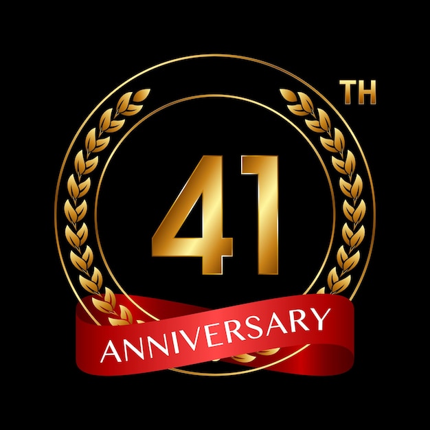 41th Anniversary Logo Design with Laurel Wreath and Red Ribbon Logo Vector Illustration