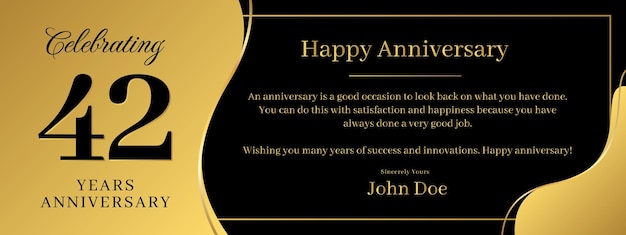 42 years anniversary a banner speech anniversary template with a gold background combination of black and text that can be replaced