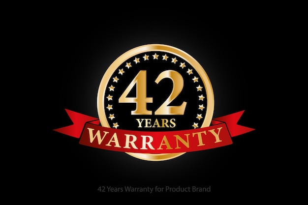 42 years warranty golden logo with ring and red ribbon isolated on black background