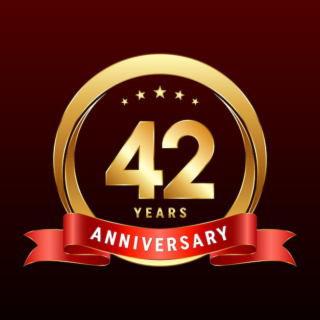 42e verjaardag logo ontwerp met gouden ring en rood lint Logo vector sjabloon illustratie
