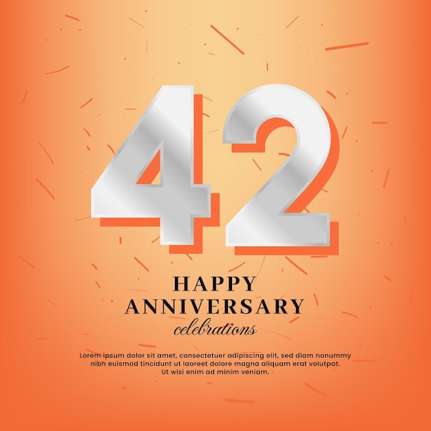 Векторный шаблон 42-й годовщины с белым номером и конфетти на оранжевом фоне