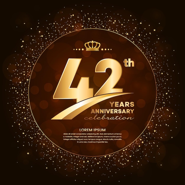 42th anniversary logo with gold numbers and glitter isolated on a gradient background