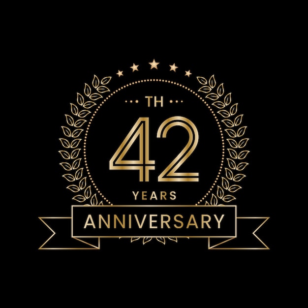 42th Anniversary logo with golden laurel wreath Line Art Vector design