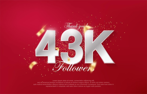 43k followers with luxurious silver numbers on a red background