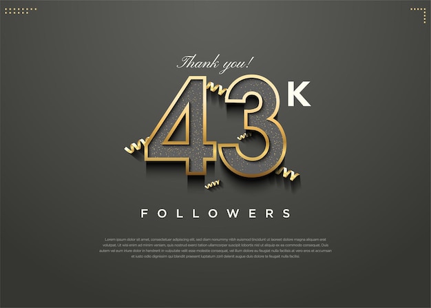 43k volgelingen feest met gouden lint scroll decoratie 3D-ontwerp premium vector