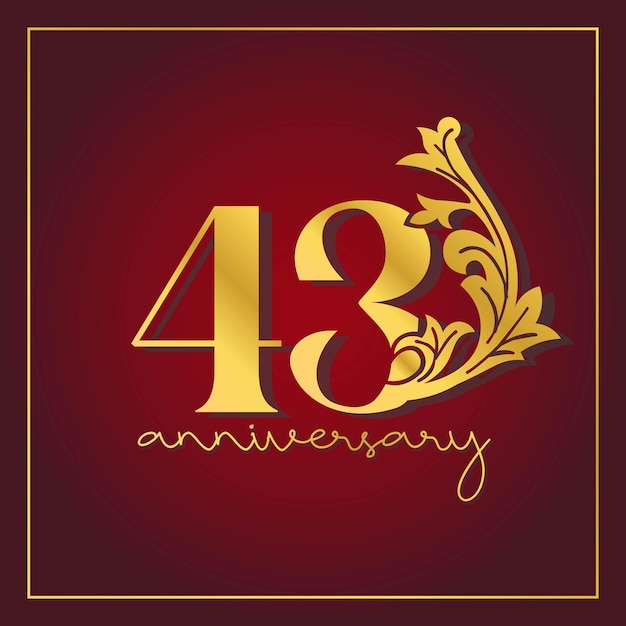 Banner di celebrazione del 43° anniversario con sfondo rosso. design vettoriale con numero decorativo vintage