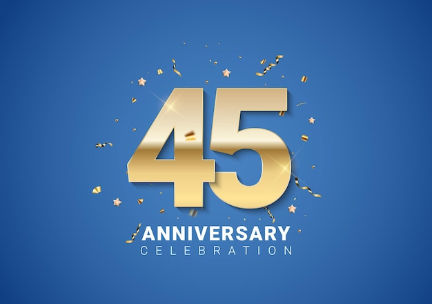 Vector 45 anniversary background with golden numbers, confetti, stars on bright blue background. vector illustration eps10