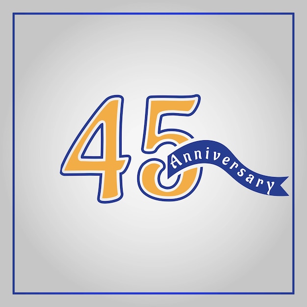 45 jaar jubileumviering logo gekleurd met geel en blauw, met behulp van blauw lint vector.