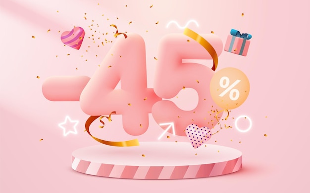 45 percent off discount creative composition 3d sale symbol with decorative objects balloons golden confetti podium and gift box sale banner and poster